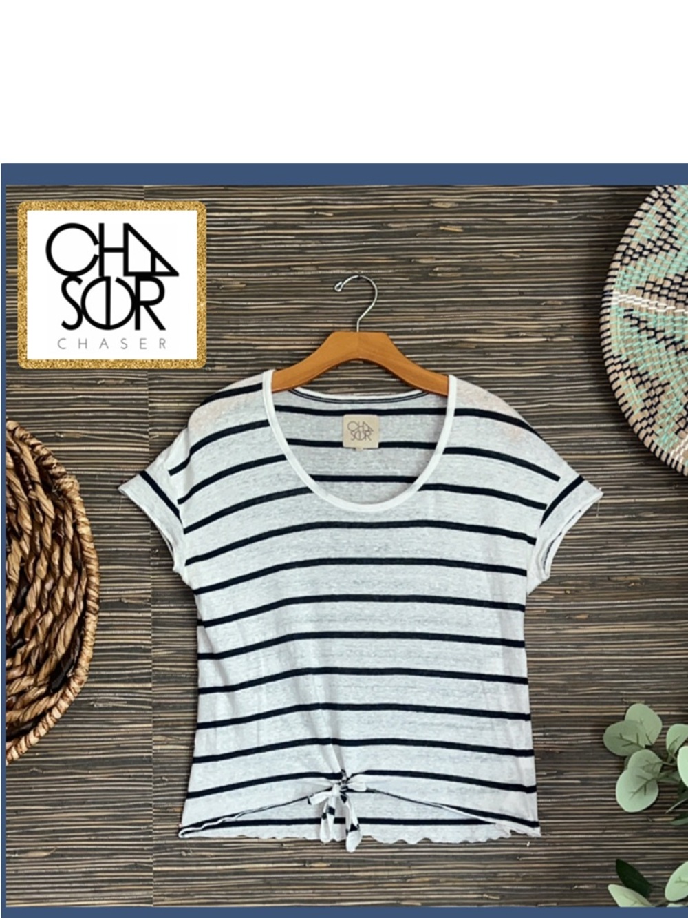 Chaser Striped Tie-Front Tee White|Navy Medium Linen Nautical